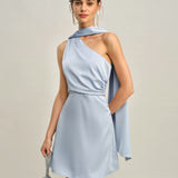 Blue One Shoulder Satin Mini Dress