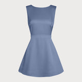 Blue Boat Neck Pearl Satin Mini Dress