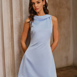 Blue Satin Cowl Neck Backless Mini Dress