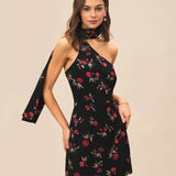 Black Jacquard One Shoulder Mini Dress