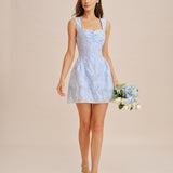 Blue Sweetheart Neck Jacquard Mini Dress
