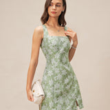 Green Square Neck Slit Floral Mini Dress