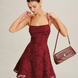 Wine Red Floral Backless Slip Mini Dress