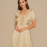 Apricot V Neck Lace Satin Mini Dress