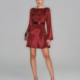 Wine Red Satin Bell Sleeve Mini Dress