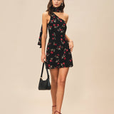 Black Jacquard One Shoulder Mini Dress