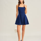 Navy Satin Pleated Slip Mini Dress