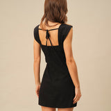 Black Square Neck Cap Sleeve Mini Dress