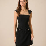 Black Square Neck Cap Sleeve Mini Dress