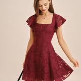 Wine Red Square Neck Jacquard Mini Dress