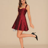 Wine Red Sweetheart Neck Jacquard Mini Dress