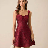 Wine Red Sweetheart Neck Jacquard Mini Dress