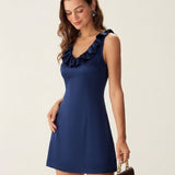 Navy V Neck Satin Mini Dress