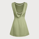 Green Boat Neck Pearl Satin Mini Dress