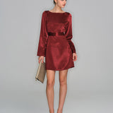 Wine Red Satin Bell Sleeve Mini Dress