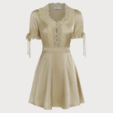 Apricot V Neck Lace Satin Mini Dress