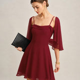 Red Ruched Slip Chiffon Mini Dress