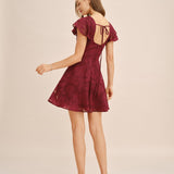 Wine Red Square Neck Jacquard Mini Dress