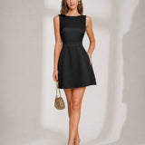 Black Boat Neck Pearl A-Line Mini Dress