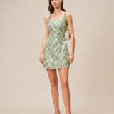 Green Square Neck Slit Floral Mini Dress
