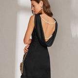Black Boat Neck Pearl A-Line Mini Dress