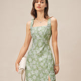 Green Square Neck Slit Floral Mini Dress