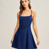 Navy Satin Pleated Slip Mini Dress
