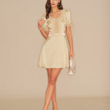 Apricot V Neck Lace Satin Mini Dress