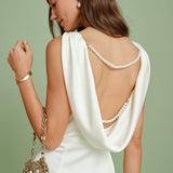 Apricot Boat Neck Pearl Mini Dress