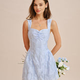 Blue Sweetheart Neck Jacquard Mini Dress