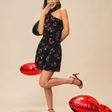 Black Jacquard One Shoulder Mini Dress