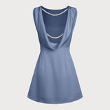 Blue Boat Neck Pearl Satin Mini Dress