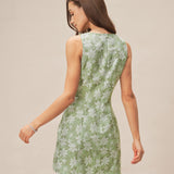 Green Square Neck Slit Floral Mini Dress
