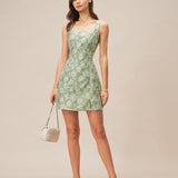 Green Square Neck Slit Floral Mini Dress