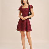 Wine Red Square Neck Jacquard Mini Dress