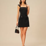 Black Square Neck Cap Sleeve Mini Dress