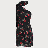 Black Jacquard One Shoulder Mini Dress