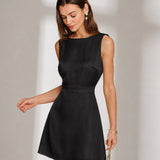 Black Boat Neck Pearl A-Line Mini Dress