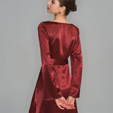 Wine Red Satin Bell Sleeve Mini Dress