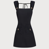 Black Square Neck Cap Sleeve Mini Dress