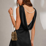 Black Boat Neck Pearl A-Line Mini Dress