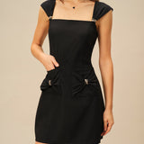 Black Square Neck Cap Sleeve Mini Dress