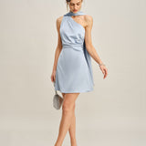 Blue One Shoulder Satin Mini Dress