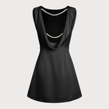 Black Boat Neck Pearl A-Line Mini Dress