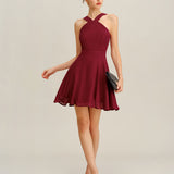 Wine Red Chiffon A-Line Sleeveless Mini Dress