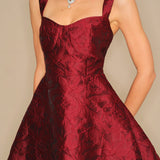 Wine Red Sweetheart Neck Jacquard Mini Dress