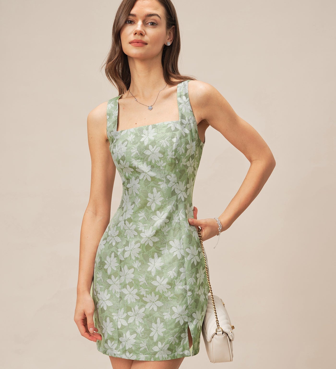 Green Square Neck Slit Floral Mini Dress
