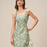 Green Square Neck Slit Floral Mini Dress