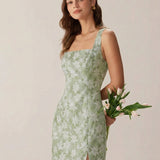 Green Square Neck Slit Floral Mini Dress