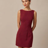 Red Boat Neck Backless Mini Dress